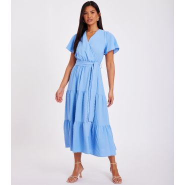Women's Blue Wrap Textured Midi Dress Quiz New Look
