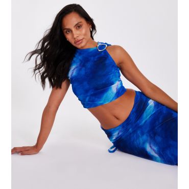 Women's Blue Mesh Printed Crop Top Quiz New Look