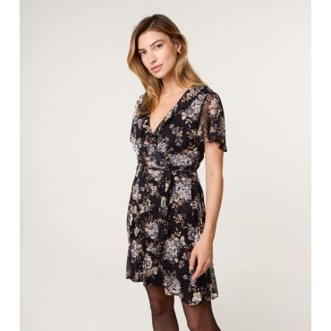 Women's Black Floral Frilly Trimmed Wrap Dress Blue Vanilla New Look
