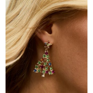 Gold Tone Diamante Embellished Christmas Tree Earrings New Look