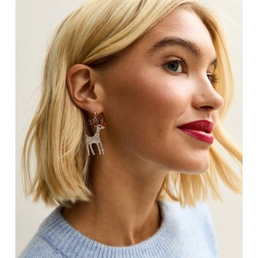 Gold Tone Reindeer Diamante Earrings New Look