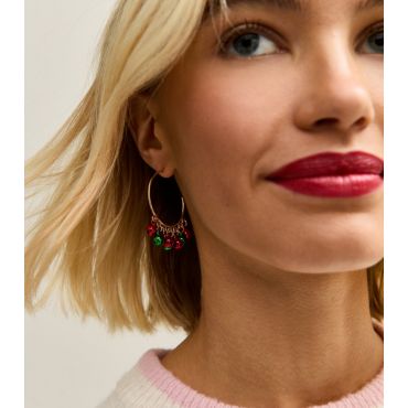 Gold Tone Red and Green Festive Bells Mini Hoop Earrings New Look