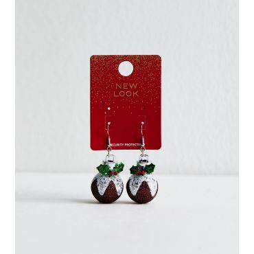 Silver Tone Christmas Pudding Drop Earrings New Look
