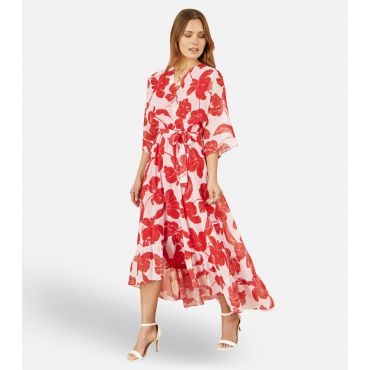 Women's Red Floral Print Wrap Style Midi Dress Yumi New Look