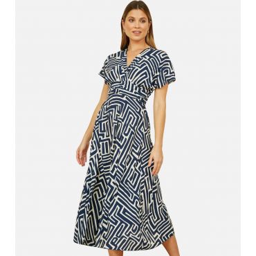 Women's Navy Geometric Ruched Waist Midi Dress Yumi New Look