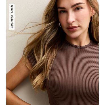 Women's by Zara McDermott Brown Ribbed Jersey Short Sleeve Top Rise New Look