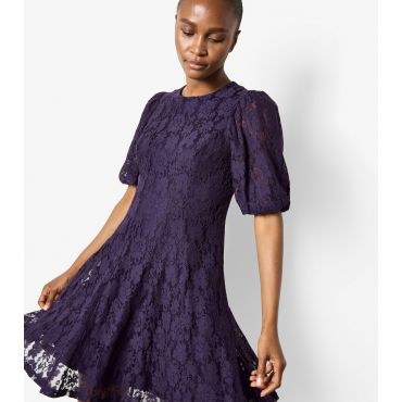 Women's Dark Purple Floral Lace Puff Sleeve Dress Apricot New Look