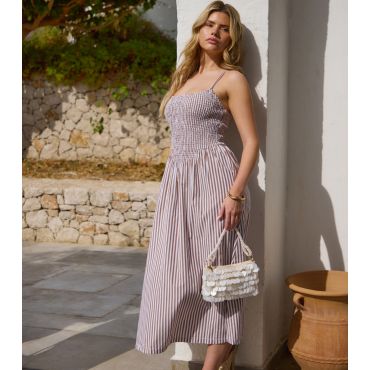 Women's Brown Striped Smocked Midi Dress South Beach New Look