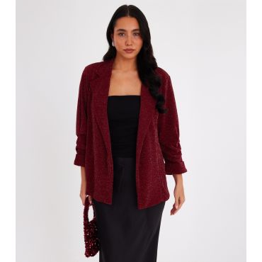 Women's Burgundy Glitter Ruched Blazer Quiz New Look