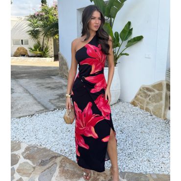 Women's Black Floral One Shoulder Midi Dress AX Paris New Look