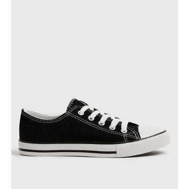 Women's Black Canvas Stripe Sole Trainers Vegan New Look
