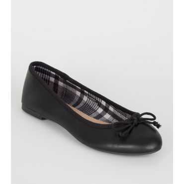 Women's Black Leather-Look Check Lined Ballet Pumps Vegan New Look