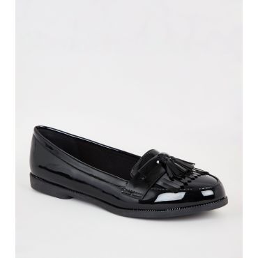 Women's Black Patent Front Tassel Trim Loafers Vegan New Look