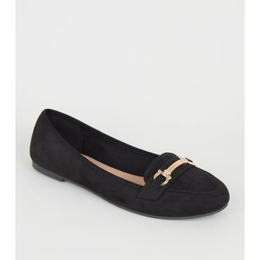 Women's Black Suedette Metal Bar Front Loafers Vegan New Look