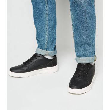 Men's Black Leather-Look Lace Up Trainers New Look