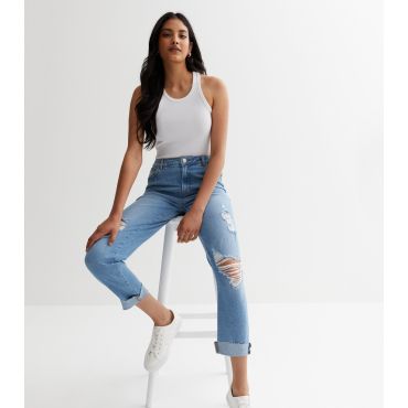 Women's Blue Ripped Straight Leg Jeans Urban Bliss New Look
