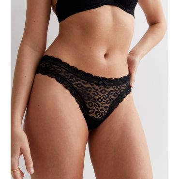 Women's Black Leopard Lace Thong New Look
