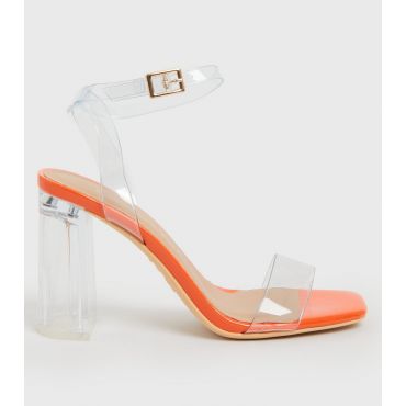 Women's Bright Orange Clear 2 Part Block Heel Sandals Vegan New Look