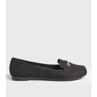 Women's Wide Fit Black Suedette Metal Trim Loafers Vegan New Look