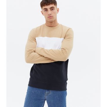 Men's Stone Colour Block Crew Sweatshirt Only and Sons New Look