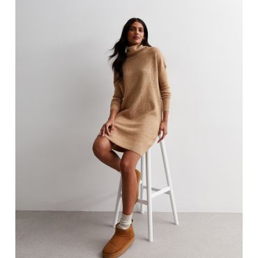 Women's Tan Long Sleeve Cowl Neck Jumper Dress ONLY New Look