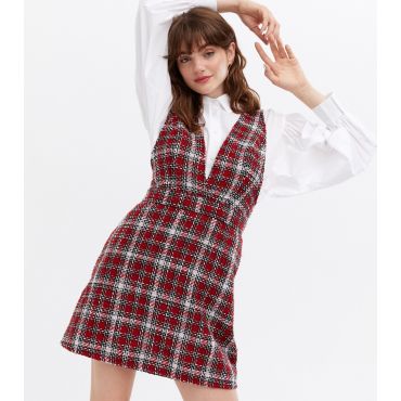 Women's Red Check Bouclé Mini Pinafore Dress New Look