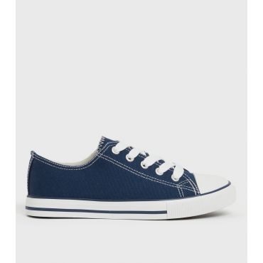 Women's Navy Stripe Canvas Lace Up Trainers Vegan New Look