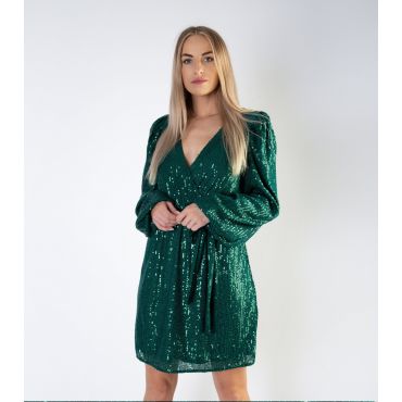 Women's Dark Green Sequin V Neck Belted Mini Wrap Dress Gini London New Look