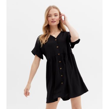 Women's Black Herringbone Button Front Frill Mini Smock Dress New Look
