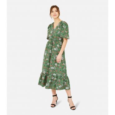 Women's Green Floral Tiered Midi Dress Yumi New Look
