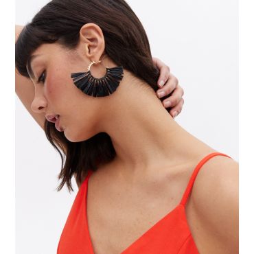 Black Straw Effect Tassel Hoop Earrings New Look