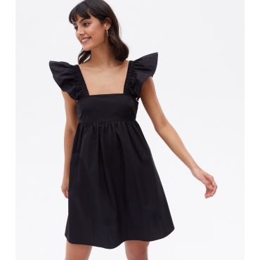 Women's Black Poplin Tie Back Square Neck Mini Dress New Look