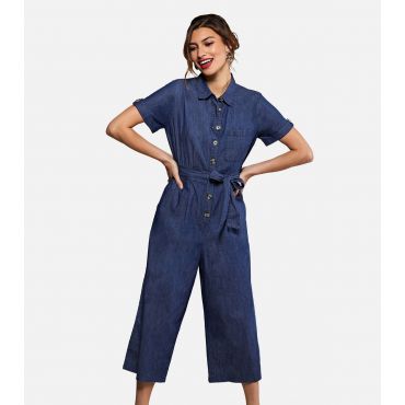Women's Blue Denim Belted Crop Jumpsuit Yumi New Look