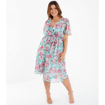 Women's Plus Size Mint Green Floral Chiffon Midi Wrap Dress Curves Quiz New Look