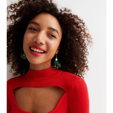 Green Tinsel Christmas Tree Earrings New Look