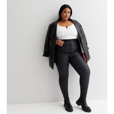 Women's Plus Size Black Coated Leather-Look High Waist Jeggings Curves New Look