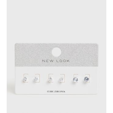3 Pack Crystal Cubic Zirconia Mixed Stud Earrings New Look