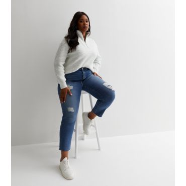 Women's Plus Size Blue Ripped Ankle Grazing Hannah Straight Leg Jeans Curves New Look