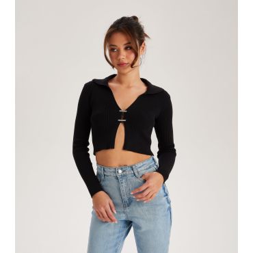 Women's Black Diamanté Collared Crop Cardigan Urban Bliss New Look