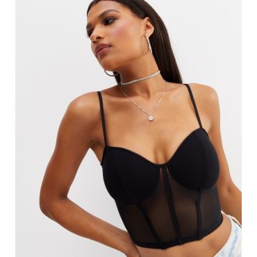 Women's Black Mesh Strappy Corset Crop Bralette New Look
