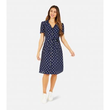 Women's Navy Spot Puff Sleeve Mini Shirt Dress Yumi New Look