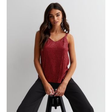 Women's Burgundy Sequin V Neck Strappy Cami Gini London New Look