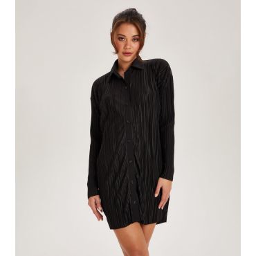 Women's Black Plissé Long Sleeve Mini Shirt Dress Urban Bliss New Look