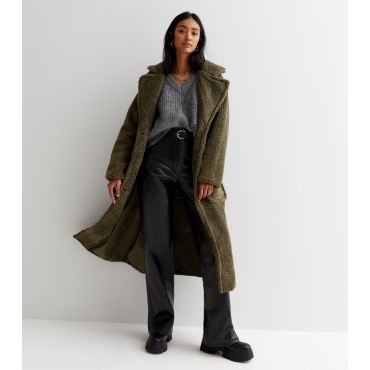 Women's Olive Teddy Pocket Front Long Coat Gini London New Look