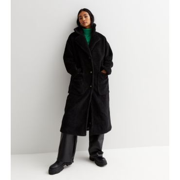 Women's Black Teddy Pocket Front Long Coat Gini London New Look