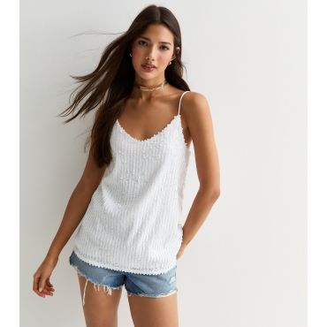Women's White Sequin Strappy Cami Cutie London New Look