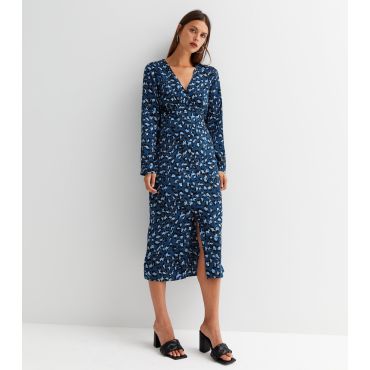 Women's Blue Animal Print Button Front Long Sleeve Midi Dress Gini London New Look