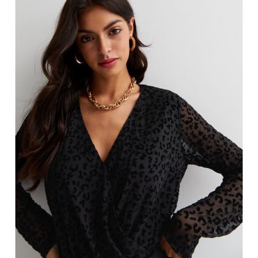 Women's Black Leopard Print Wrap Bodysuit Gini London New Look