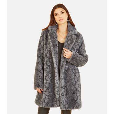 Women's Grey Snake Faux Fur Long Coat Yumi New Look
