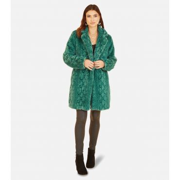 Women's Green Snake Faux Fur Long Coat Yumi New Look